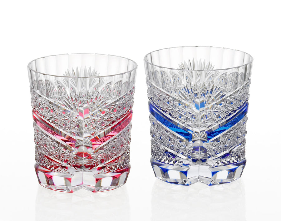 A pair of Whiskey Glasses, Edo Kiriko “Chrysanthemum Basket Weave & Fish scales”