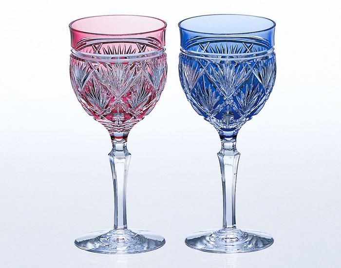 A Pair of Wine Glasses, Edo Kiriko "Bamboo Leaves"