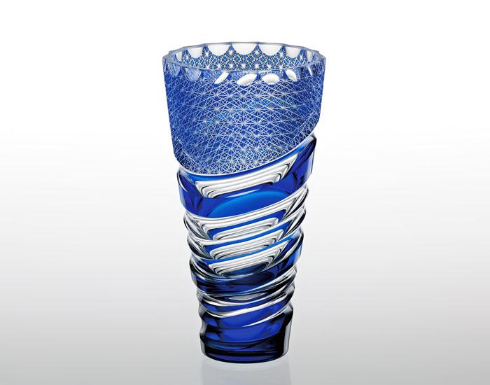 Flared-Cylinder Vase, Edo Kiriko "Shimmering Aqua" By Satoshi Nabetani, Master of traditional crafts