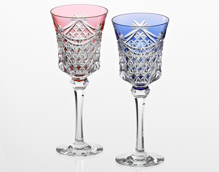 A Pair of Wine Glasses, Edo Kiriko "Drape & Tetragonal Basket Weave"
