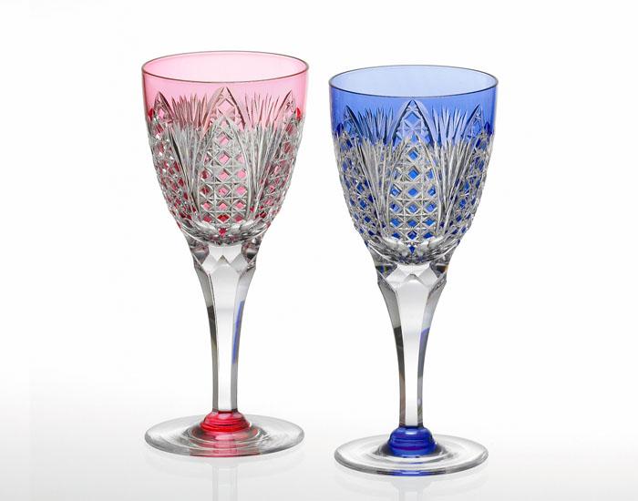 A pair of Wine Glasses, Edo Kiriko "Bamboo Leaves & Tetragonal Basket Weave"