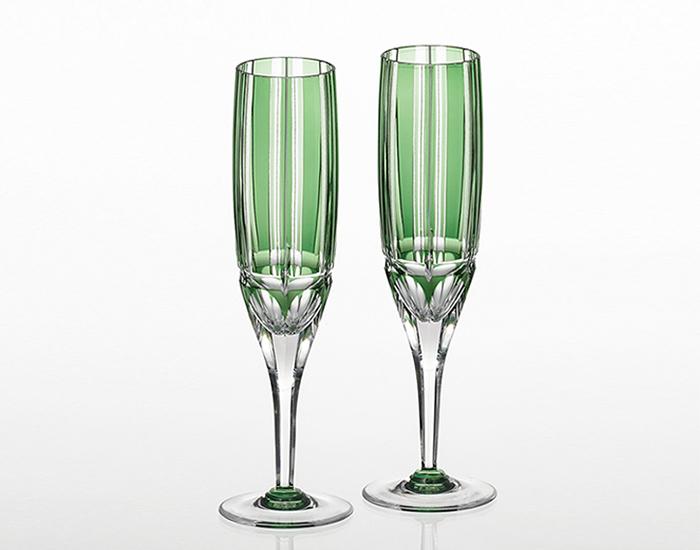 A Pair of Champagne Flutes, Edo Kiriko "Bamboo Stem Series"