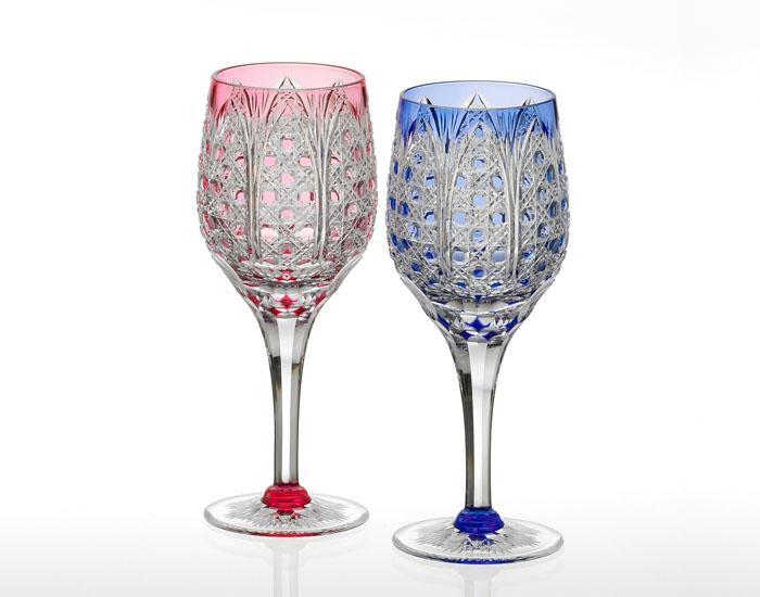 A pair of Wine Glasses, Edo Kiriko "Bamboo Leaves & Octagonal Basket Weave"