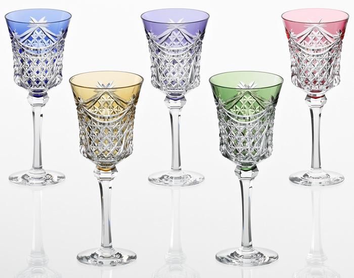 Set of 5 Wine Glasses Edo Kiriko "Drape & Tetragonal Basket Weave"