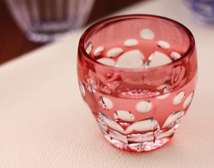 Sake Glass, Edo Kiriko "Cherry" By Satoshi Nabetani, Master of traditional crafts