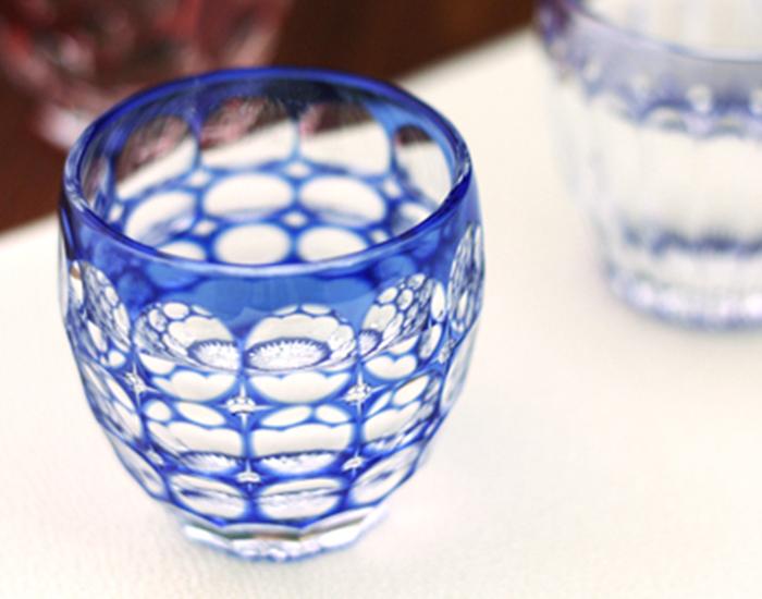 Sake Glass, Edo Kiriko "Hydrangea" By Satoshi Nabetani, Master of traditional crafts