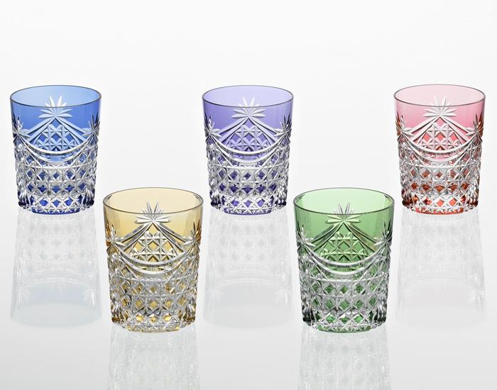 Set of 5 Whiskey Glasses Edo Kiriko "Drape & Tetragonal Basket Weave"